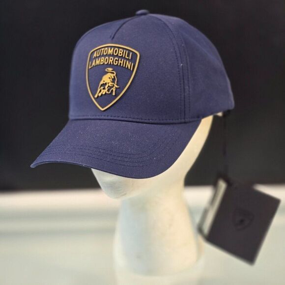 Automobili Lamborghini Unisex Cap Navy Blue Gold Shield Logo Baseball Hat NWT - Picture 1 of 11